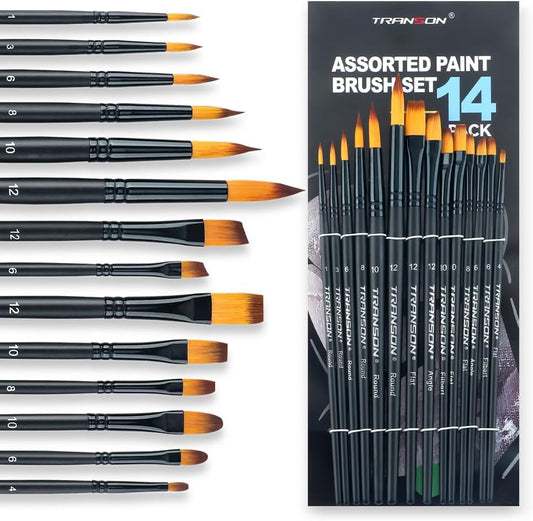 Transon 14pcs Artist Paint Brushes for Acrylic, Watercolor, Gouache, Oil and Hobby Painting Black Color