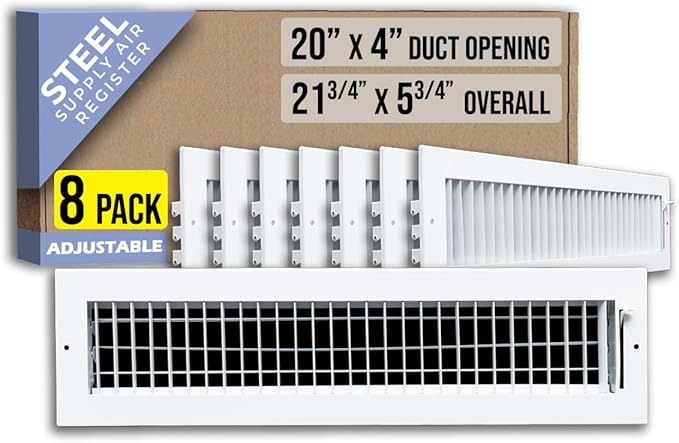 [8 Pack] Fits 20x4 Duct Opening Steel Adjustable Air Supply Grille by Handua | Register Vent Cover Grill for Sidewall and Ceiling | White | Out. Dim.: 21.75" X 5.75"