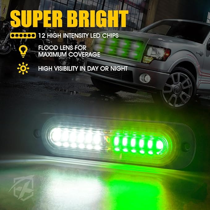 Xprite White Green LED Surface Mount Strobe Lights Kit, w/Control Panel Emergency Safety Warning Flashing Grille Cop Marker Light Assembly for Vehicles Trucks ATV UTV Motorcycle 8PCS