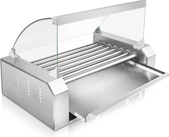 Olde Midway Electric 18 Hot Dog 7 Roller Grill Cooker Machine with Cover 900-Watt - Commercial Grade