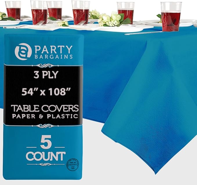 PARTY BARGAINS 5 Disposable Table Covers - 54" X 108" Blue Table Cover, 3 Ply Paper & Plastic Tablecloth