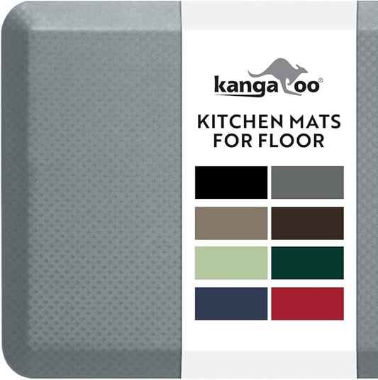 KANGAROO Thick Ergonomic Anti Fatigue Mats for Kitchen Floor, 58x20, Cushioned Standing Office Desk Mat, Waterproof Scratch Resistant Topside, Supportive All Day Comfort Padded Foam Rugs, Gray