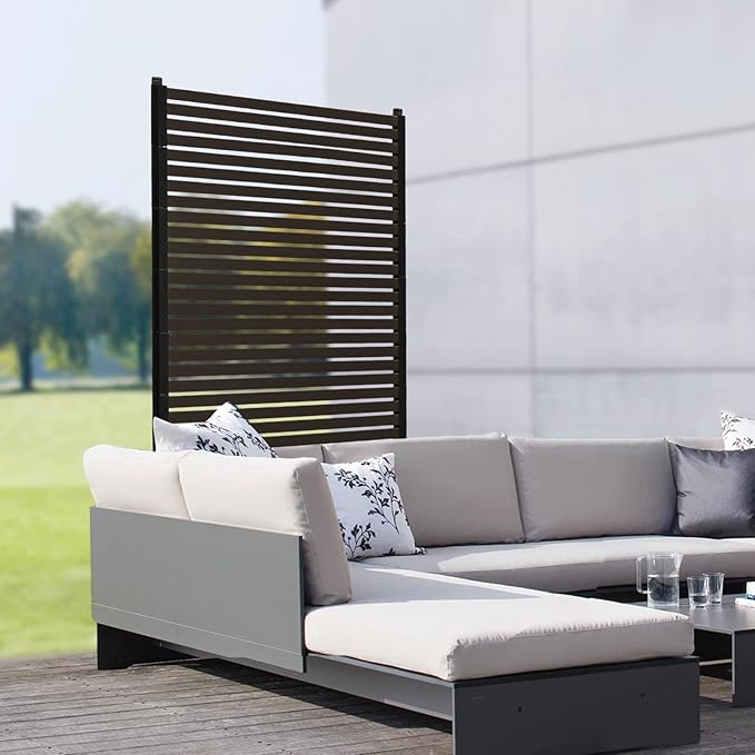 Outdoor Privacy Screens Freestanding, 35.5" W x 59" H Metal Slatted Decorative Privacy Screen and Panels with Stand, Brown Backyard Panels for Garden Patio