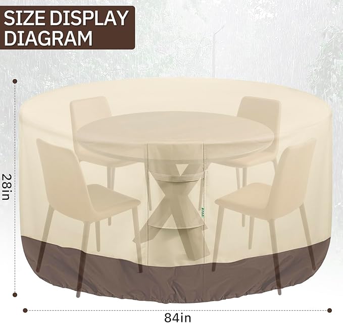 Round Patio Furniture Covers, 84" DIA x 28 H Waterproof Outdoor Furniture Cover for Patio Table & Chair Sets, 600D Heavy-duty UV-Resistant Fade-Proof Protection, Beige & Brown