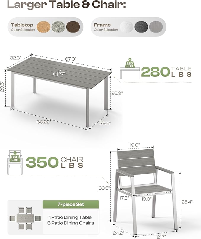 Outdoor Dining Set for 6, Patio Table and Chairs Set with Umbrella Hole, 7 Pieces HDPS + Aluminum Outdoor Furniture Sets for Patio, Garden (Gray & Teak)
