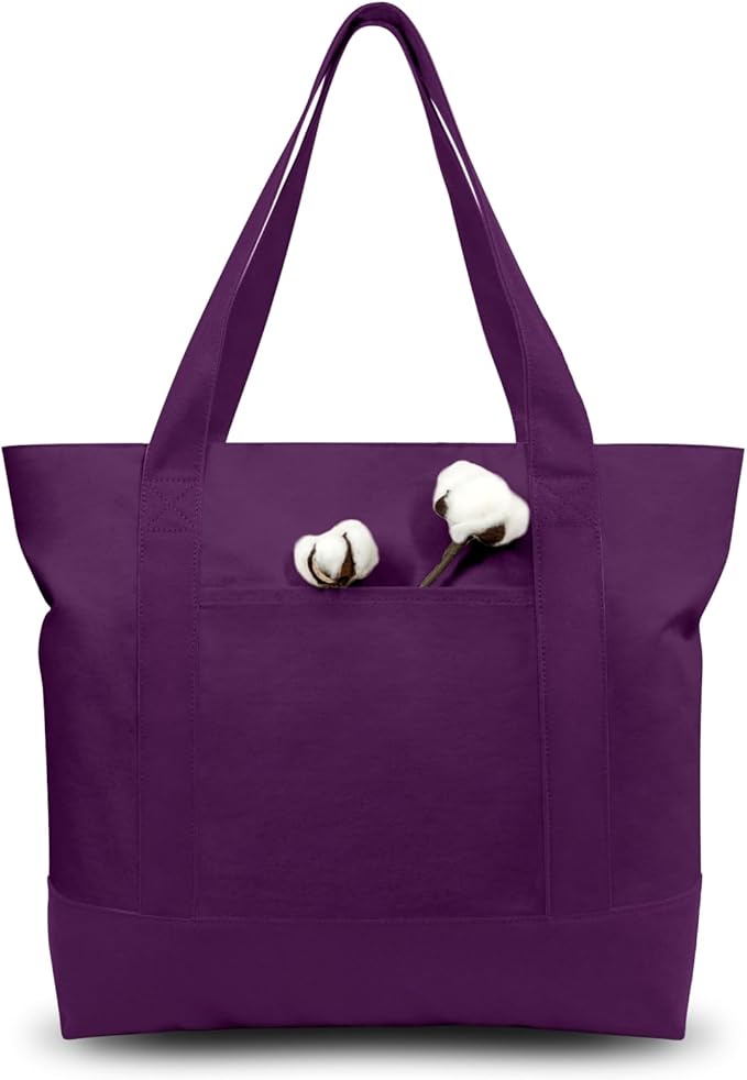 TOPDesign 6-Pack Canvas Tote Bags with an External Pocket, Reusable Grocery Shopping Bags, Top Zipper Closure, Daily Essentials (Purple)