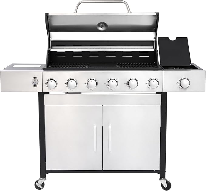 6-Burner Gas Grill with Side Burner, 65850 BTU Outdoor BBQ Grill, 620 sq in Cooking Area with Cast Iron Grates, Enameled Steel Lid & Built-in Thermometer for Patio, Garden, Family Gatherings