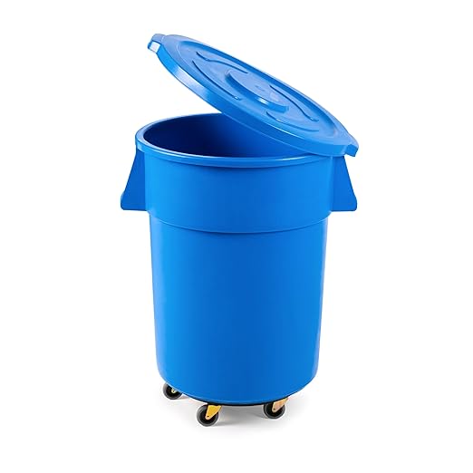 PRO&Family Commercial Round Trash Can with Lid and Dolly Rolling Waste Container, Ingredient Bin, Heavy-Duty Plastic, Anti-Static, Kitchen, Office, Outdoor Use (Blue, 55 Gallon)