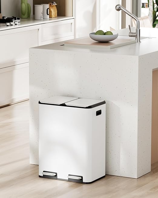 Arlopu 16Gal Dual Trash Can w/2 Built-in Box for Odor Control, Hands-Free Kitchen Garbage Bin, Recycle Waste Dustbin, Soft-Close Lid, 2 Buckets,Foot Pedal, Side Handle, Airtight,for Home (White)