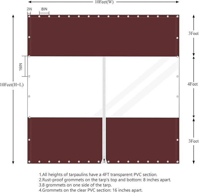 20 Oz Outdoor Vinyl Curtain with Double Sided Zip, Outdoor Clear Panel Curtain, Weather Resistant Outdoor Curtain for Pergola, Porch, Gazebos, with Rustproof Grommets (10'H x 10'W, Brown)