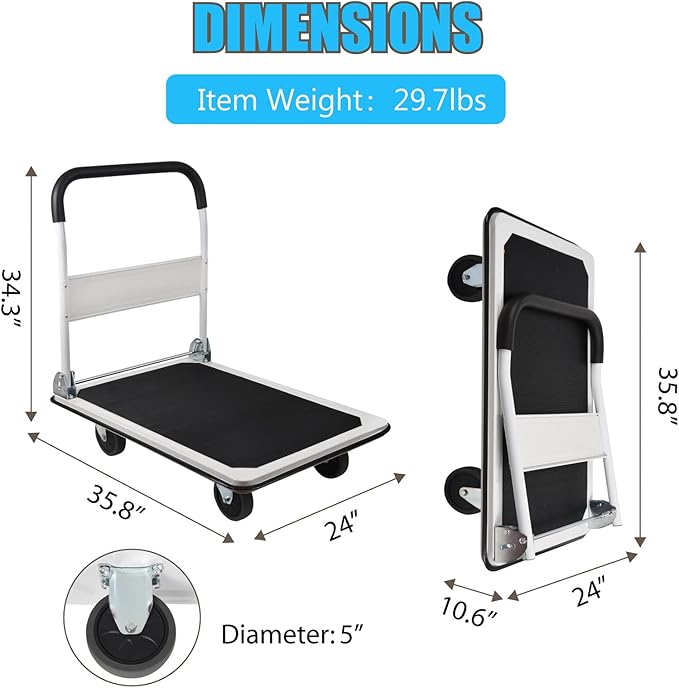 LEADALLWAY Platform Truck Large Size 880lbs Heavy Duty Foldable Push Cart 35.8x24x34.3inches White with 2 Ropes