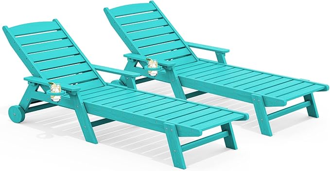 SERWALL Patio Chaise Lounge Chair Set of 2, 78'' Long 5-Positions Adjustable HDPE Outdoor Lounger for Pool, Poly Lounge Chair with Rolling Wheels & Cup Holder for Poolside, Deck, Aqua Blue