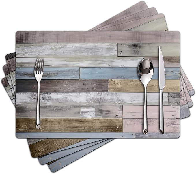 Farmhouse Placemats Set of 4 - Driftwood Faux Leather Heat Resistant Placemat for Dinner Table, Non-Slip Waterproof Oil-Proof Washable Reusable for Indoor Outdoor Kitchen Decor, 15.75In*11.81In