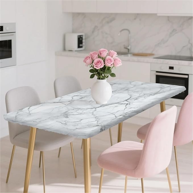 Rectangle Table Cloth Cover Waterproof Elastic Fitted Polyester Fitted Tablecloths for 4 Foot Tables for Indoor,Picnic, Camping, Outdoor （48" x 30"，Marble）