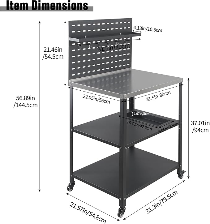Three-Tier Grill Cart with Hanging Plate,Grill Table with 2 Locking Casters for Patio and Backyard,Stainless Steel Pizza Oven Stand Table,Black