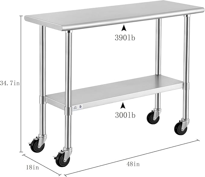 ROCKPOINT Stainless Steel Table for Prep & Work with Caster Wheels 18x48 Inches, NSF Metal Commercial Kitchen Heavy Duty Table with Adjustable Under Shelf and Table Foot for Restaurant, Home and Hotel