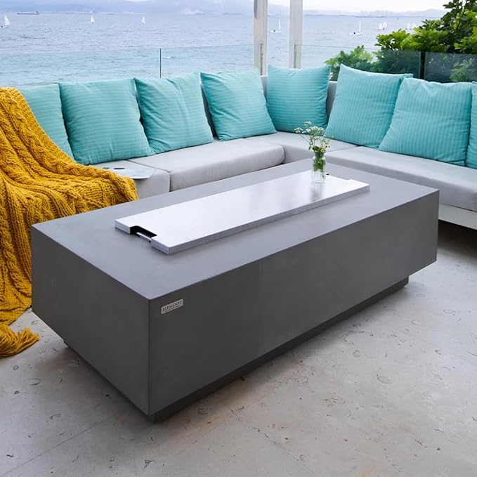 Elementi Granville Fire Pit Outdoor Firepit Set Includes 60” Propane Concrete Firepit Table, Glass Windscreen, Stainless Steel Cover, Tank & Canvas Cover, Floor Mat and Beverage Tub