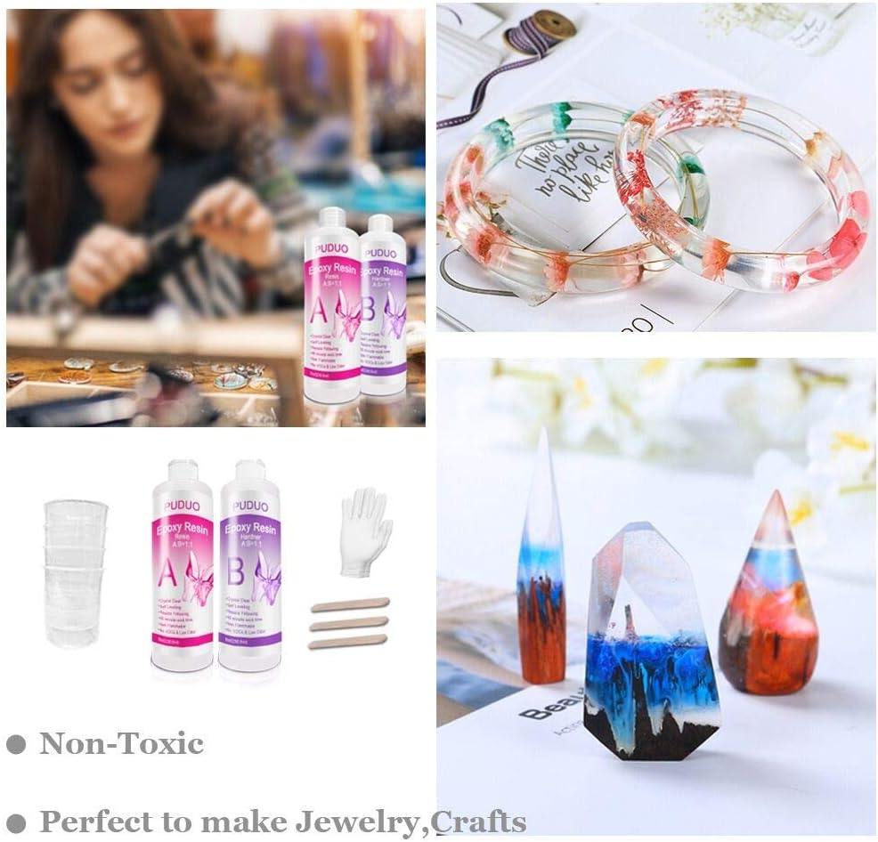 Epoxy Resin Crystal Clear Kit for Art, Jewelry, Crafts, Coating- 16 OZ Including 8OZ Resin and 8OZ Hardener | Bonus 4 pcs Measuring Cups, 3pcs Sticks, 1 Pair Rubber Gloves by Puduo