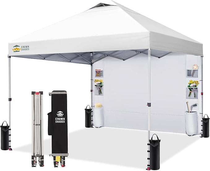 CROWN SHADES Canopy Tent 10x10 Pop Up Canopy Outdoor Shade with Pockets Sidewall, Easy Up Sun Shelter with One Person Set Up Center Lock, Portable Instant Camping Beach Canopy Tents, Grid White