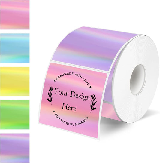 Square Thermal Labels Stickers 2" x 2", Holographic Thermal Stickers Labels, Glitter Self-Adhesive Direct Thermal Label for Small Business- Holographic 5 Colors