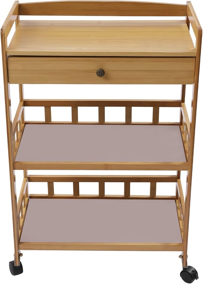 Bamboo Serving Cart with Drawer and Fence Rail, Kitchen Storage Organizer Trolley with Silent Wheels for Home Dining Room and Outdoor Use Natural Finish 53x30x80 cm Ideal for Families and Entertainers