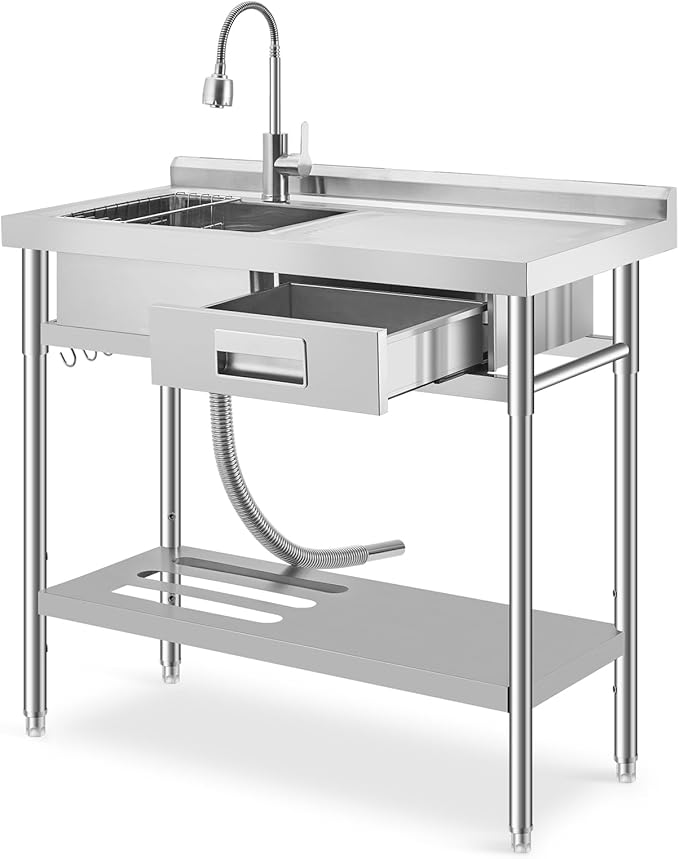 Freestanding Stainless Steel Utility Sink with Workbench, Right Drawer, Commercial Kitchen Sink with Faucet, Hot & Cold Water, Storage Shelf, S-Hook, Knife Holder, Adjustable Leg for Indoor Outdoor