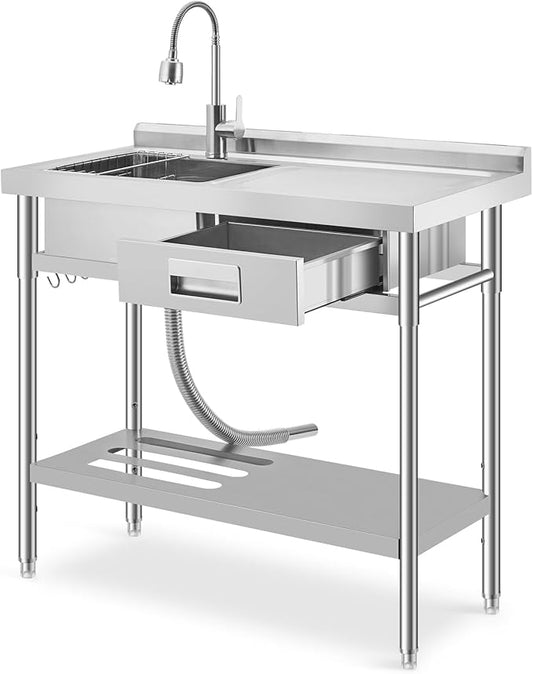 Freestanding Stainless Steel Utility Sink with Workbench, Right Drawer, Commercial Kitchen Sink with Faucet, Hot & Cold Water, Storage Shelf, S-Hook, Knife Holder, Adjustable Leg for Indoor Outdoor
