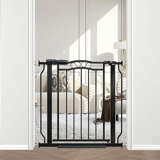 Fairy Baby 29.5"-33.5" Baby Gate for Doorways, Dog Gate for Stairs No Drill, Pressure Mounted Safety Pet Barrier with Arch Design, Auto Close Tension Metal Baby Gate with Door Indoor Outdoor, Black