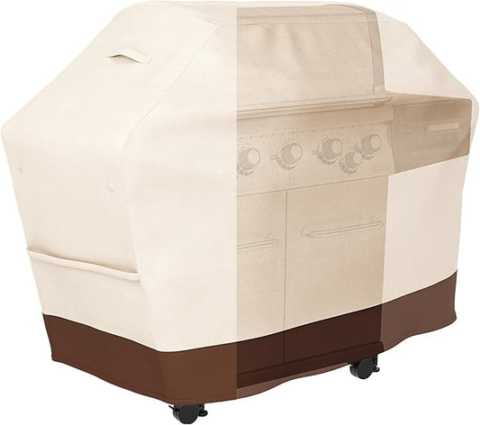 Tuyeho Grill Cover 58 x 24 x 46 inch, 600D Heavy Duty Gas BBQ Cover w/Side Fasteners Straps, Waterproof & Weather Resistant for Your Weber, Char-Broil, Brinkmann, Holland, Jenn Air (Beige & Brown)