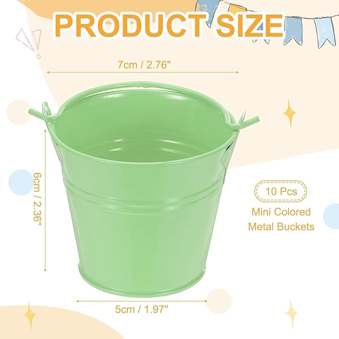 Small Metal Buckets, Mini Buckets with Handle Galvanized Colored Tin Pail Containers Basket Party Supplies - Fit for (Halloween - Classroom Crafts) 2.7" & 10Pcs & Light Green