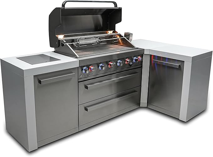 Mont Alpi 805 6-Burner 115000 BTU MAi805-D90 L-shaped Stainless Steel Deluxe Modular Outdoor Kitchen BBQ Island Grill, Infrared Rear & Side Burner, Granite Countertops, Storage, Rotisserie Kit & Cover