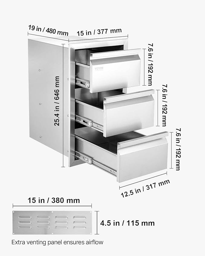 VEVOR Outdoor Kitchen Drawers 14.7" W x 25.4" H x 18.7" D, Box Frame Style Flush Mount BBQ Drawers with Stainless Steel Handle, BBQ Island Drawers for Outdoor Kitchens or Patio Grill Station