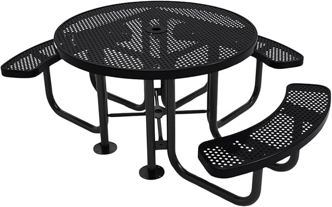 COATEDOUTDOORFURNITURE Heavy-Duty Portable Outdoor Picnic Table with Umbrella Hole, Punched Steel Patio Dining Furniture Made in America (46" Round Top, Black)