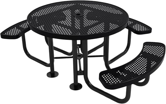 COATEDOUTDOORFURNITURE Heavy-Duty Portable Outdoor Picnic Table with Umbrella Hole, Punched Steel Patio Dining Furniture Made in America (46" Round Top, Black)