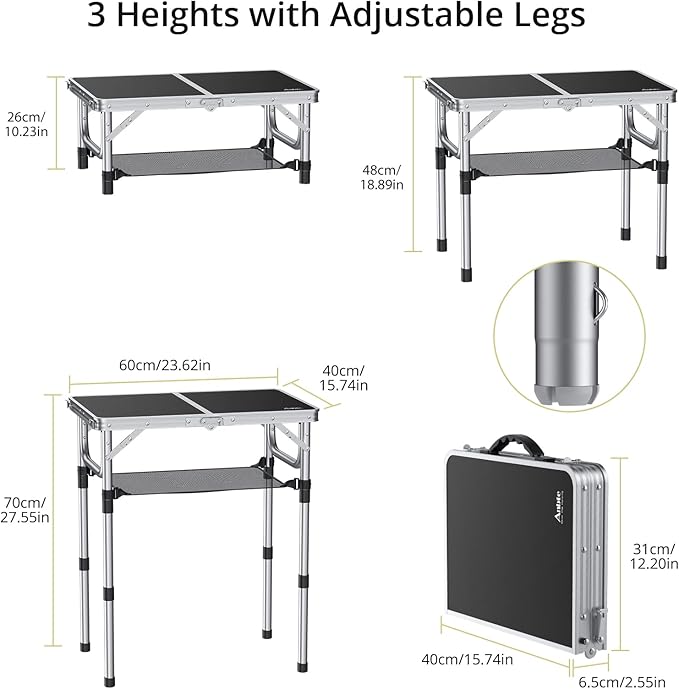Anbte Folding Camping Table, Aluminum 24" x 16" Adjustable Height Small Folding Table with Carrying Handle, Lightweight, Portable Camping Table Waterproof for Outdoor Indoor Picnic Beach BBQ (Black)