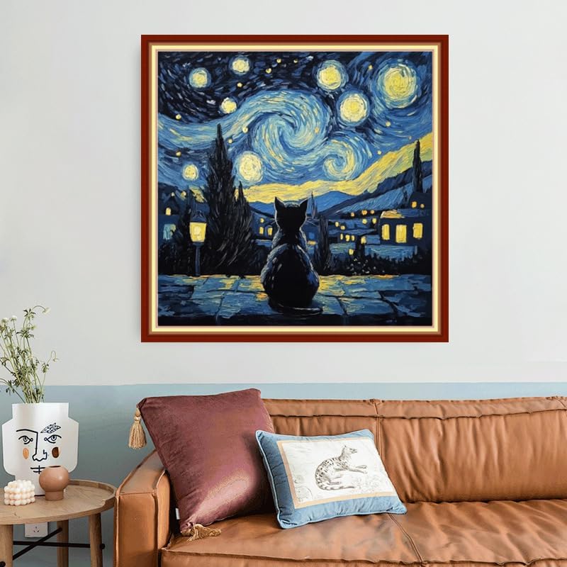 Foxhool Beginners Cross Stitch Kits Stamped Full Range of Embroidery Kits for Adults DIY Cross Stitches kit Embroidery Patterns for Needlepoint kit-Cat Stares at Van Gogh's Starry Sky 18x18 inch