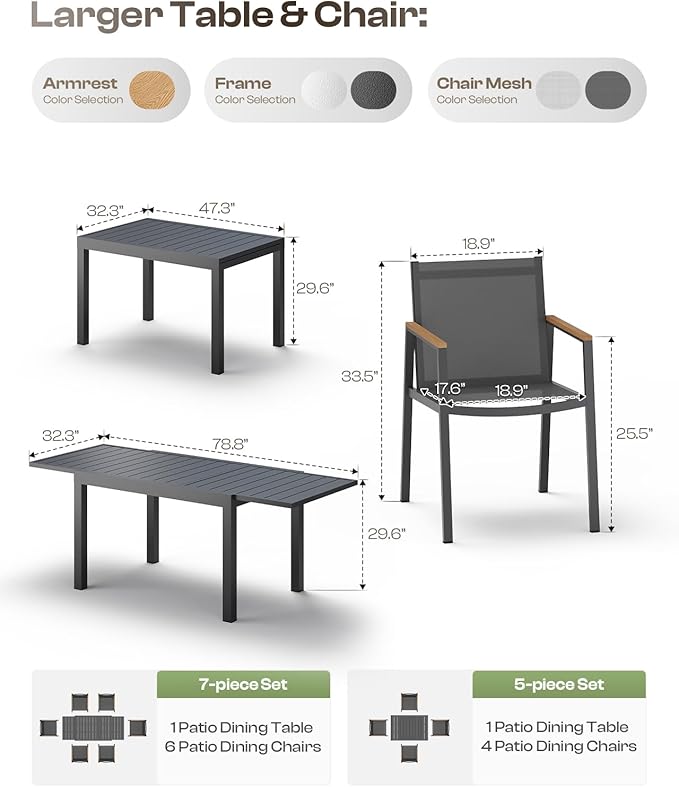 Expandable Outdoor Patio Dining Table Set for 6-8 Person, Aluminum Outdoor Table and 6 Chairs with Textilene Fabric & HDPS Armrest, All-Weather Patio Furniture Set for Yard, Garden, Gray