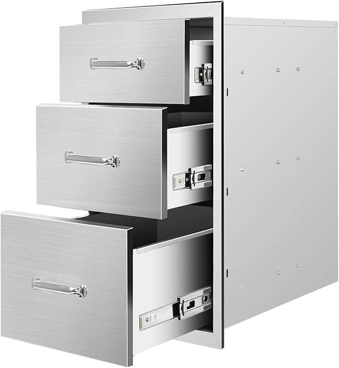 Outdoor Kitchen Drawers 20" W x 27" H x 23" D Flush Mount Triple BBQ Drawers with Chrome Handle Stainless Steel Drawer for Outdoor Kitchen Island, Patio Grill Station