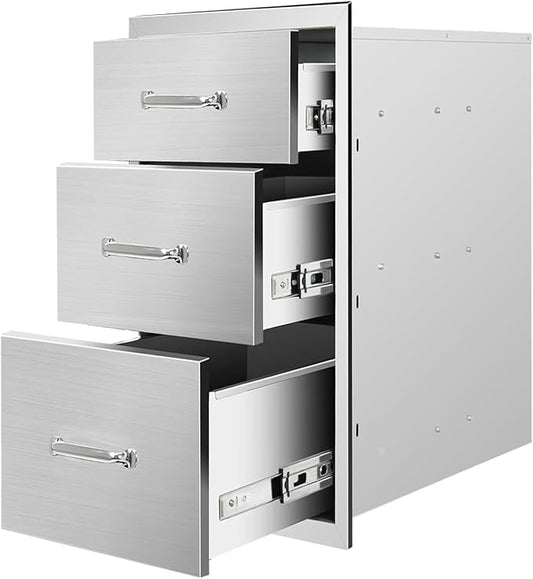 Outdoor Kitchen Drawers 20" W x 27" H x 23" D Flush Mount Triple BBQ Drawers with Chrome Handle Stainless Steel Drawer for Outdoor Kitchen Island, Patio Grill Station