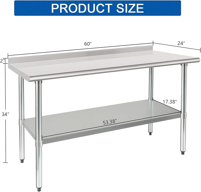 HARDURA Stainless Steel Table Prep & Work Table 24 x 60 Inches NSF Heavy Duty Commercial with Undershelf and Backsplash for Restaurant Kitchen Home and Hotel
