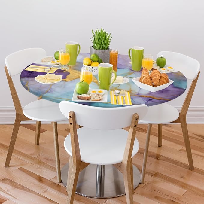 Marble Purple Gold Blue Round Table Cloth Cover, Elastic Edge Waterproof Wipeable Tablecloths 45"-56" Polyester Tablecloth for Party Restaurant Banquet Holiday Camping Outdoor Picnic