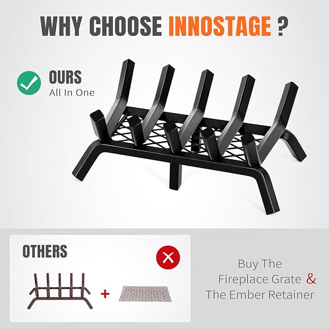 Fireplace Grates with Ember Retainer - 17 Inch Fireplace Log Grate, Firewood Wood Log Holder Rack, Inside Wrought Cast Iron Fire Grate for Hearth Indoor Outdoor Camping