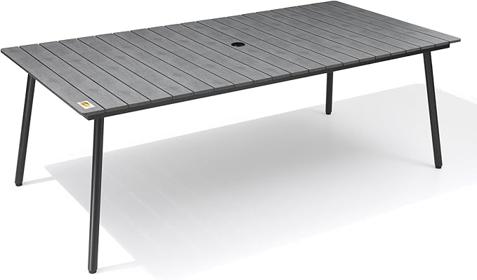 83" Patio Outdoor Dining Table for 6-8, Weather-Resistant Aluminum Frame with Wood-Grain Top & Umbrella Hole for Deck Gatherings, Grey