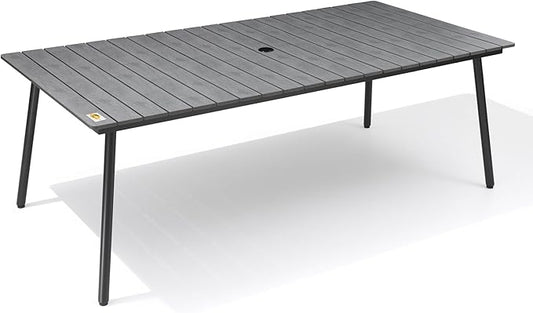 83" Patio Outdoor Dining Table for 6-8, Weather-Resistant Aluminum Frame with Wood-Grain Top & Umbrella Hole for Deck Gatherings, Grey