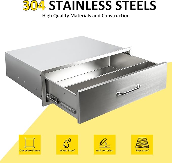 Outdoor Kitchen Drawers 30" W x 10" H x 23" D Flush Mount BBQ Single Drawers with Divider,Built-in Stainless Steel Drawer with Chrome Handle for Outdoor Kitchen Island Patio Grill Station