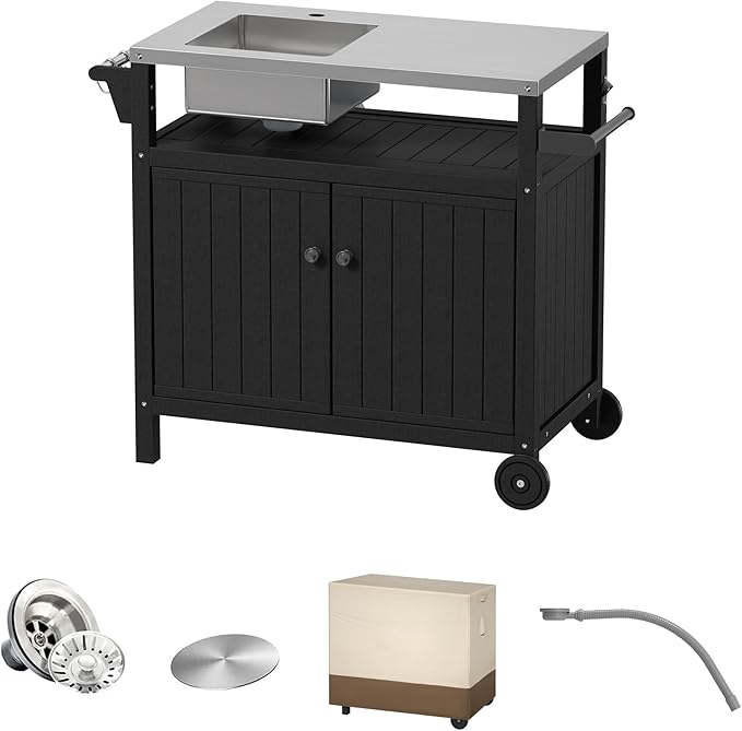 TORVA Multi-Functional Outdoor Grill Cart with Sink,Cabinet and Cover, 42 inch Freestanding Modular Kitchen Sink Station in 304 Stainless Steel&HDPE, All Weather Use BBQ Table, Black