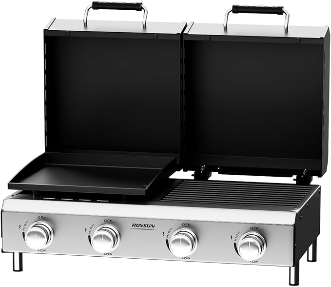 Bonnlo 4 Burners Gas Flat Top Grill and Griddle Combo with Lid, Powerful 40,000 BTU Grills with Integrated Ignition & Heat-resistant coating, Camping Grill with Simple Control Knob for Outdoor BBQ Use