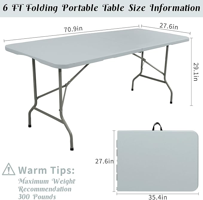Fivenl 2 Pack 6 FT Folding Tables Grey Foldable Table, Fold-in-Half with Carrying Handle Portable Plastic Rectangular Table for Party, Dining, Wedding, Camping, Picnic, Indoor Outdoor Events
