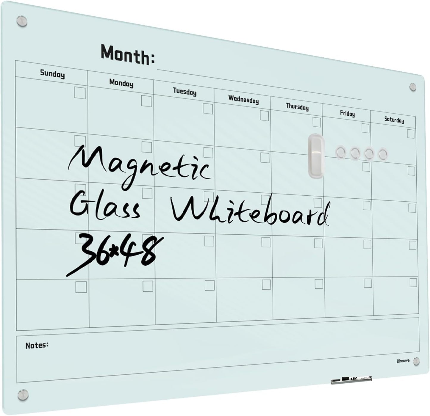 Magnetic Monthly Calendar Glass Whiteboard - Glass Dry Erase Board 48"x36" Large Frameless Glass Board for Walls Office School and Home