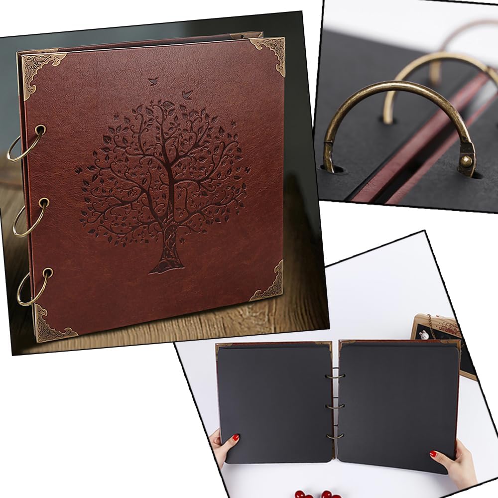 Photo Album DIY Scrapbook (10x10 inch 50 Pages Double Sided), Vintage Leather Cover Three-Ring Binder Family Picture Booth with 9 Color 408pcs Self Adhesive Photos Corners for Memory Keep, Tree